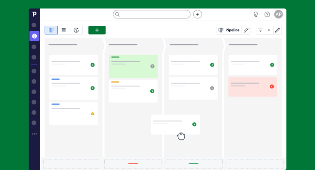 Pipedrive pipeline view showing deal cards organised into stage columns
